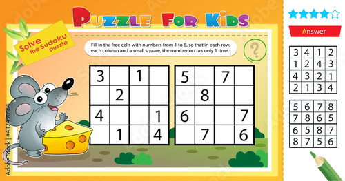 Solve the sudoku puzzle together with the little mouse. Logic puzzle for kids. Education game for children. Worksheet vector design for schoolers.