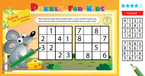Solve the sudoku puzzle together with the little mouse. Logic puzzle for kids. Education game for children. Worksheet vector design for schoolers.