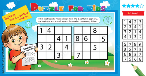 Solve the sudoku puzzle. Logic puzzle for kids. Education game for children. Worksheet vector design for schoolers.