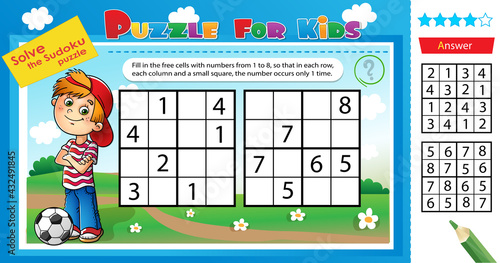 Solve the sudoku puzzle. Logic puzzle for kids. Education game for children. Worksheet vector design for schoolers.