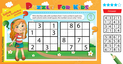 Solve the sudoku puzzle. Logic puzzle for kids. Education game for children. Worksheet vector design for schoolers.