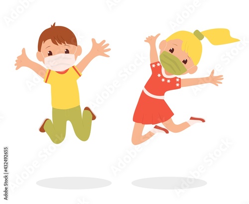 Childrens rest, jumping concept. A boy and a girl in masks are jumping. Summer recreation and entertainment during the coronavirus pandemic. Vector flat illustration.