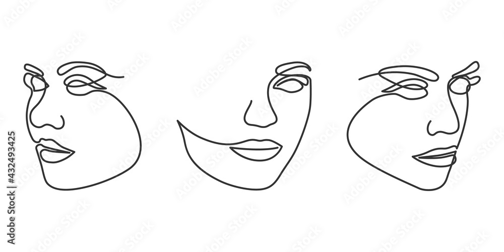 Obraz premium Vector set of continuous line drawing woman face.