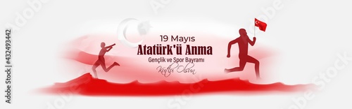 Vector illustration concept of 19 Mayis Atatürk'ü Anma, Gençlik ve Spor Bayramı meaning 19 May Commemoration of Atatürk, Youth and Sports Day.