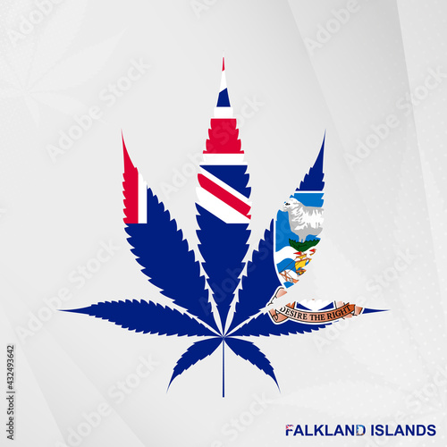 Flag of Falkland Islands in Marijuana leaf shape. The concept of legalization Cannabis in Falkland Islands.
