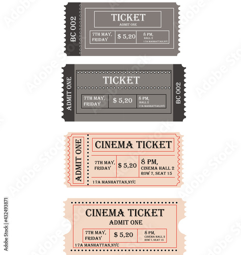 Retro cinema ticket set vector illustration