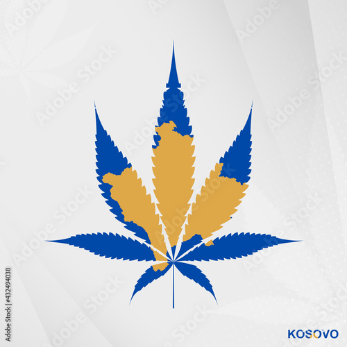 Flag of Kosovo in Marijuana leaf shape. The concept of legalization Cannabis in Kosovo.