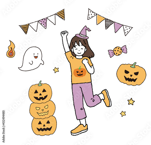 ハロウィンパーティーで楽しそうな女の子のイラストレーション