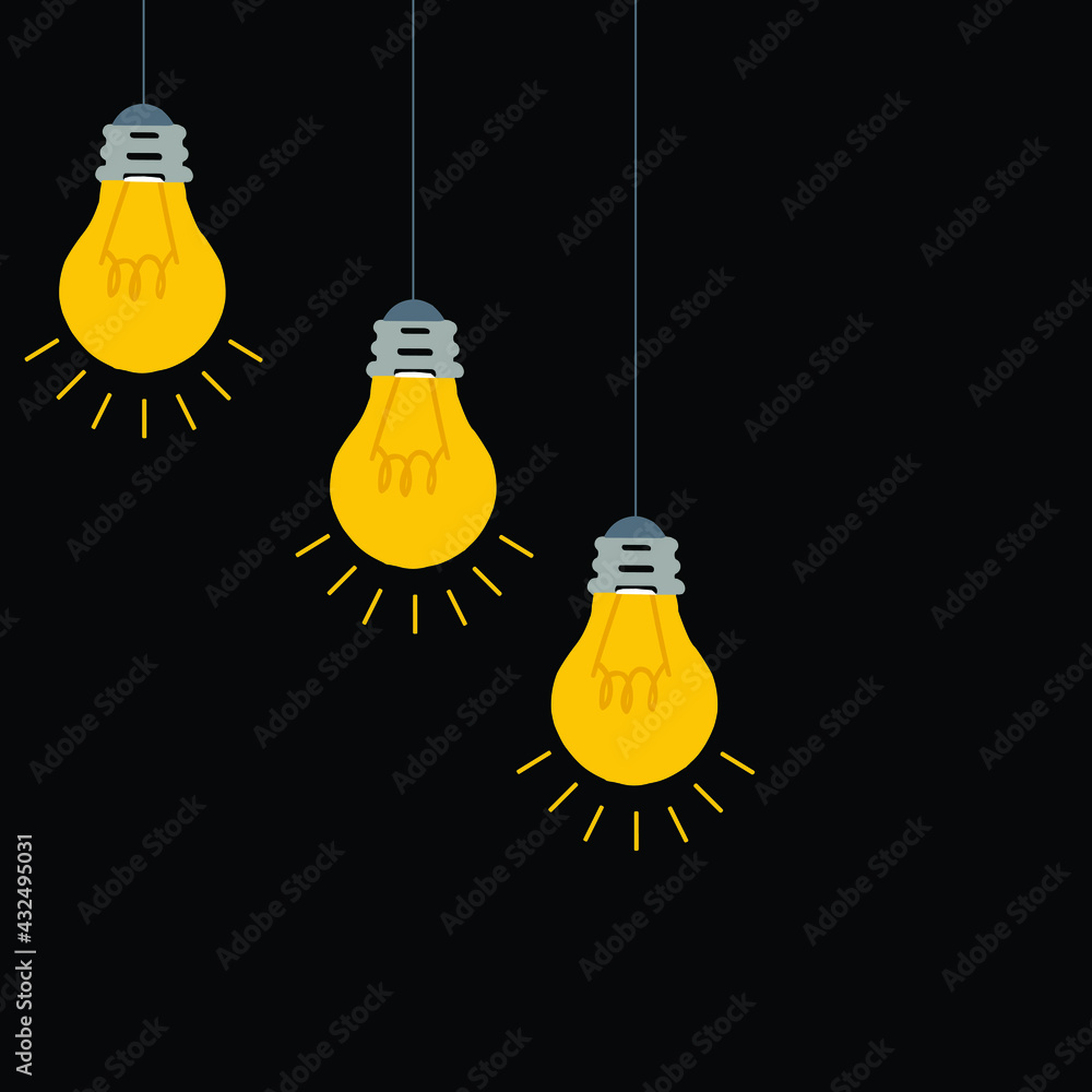 vector illustration of bulbs hanging, Trendy flat vector light bulb icons with concept of idea on black background. vector illustration of bulbs hanging, Trendy flat vector light bulb icons with concept of idea on black background.