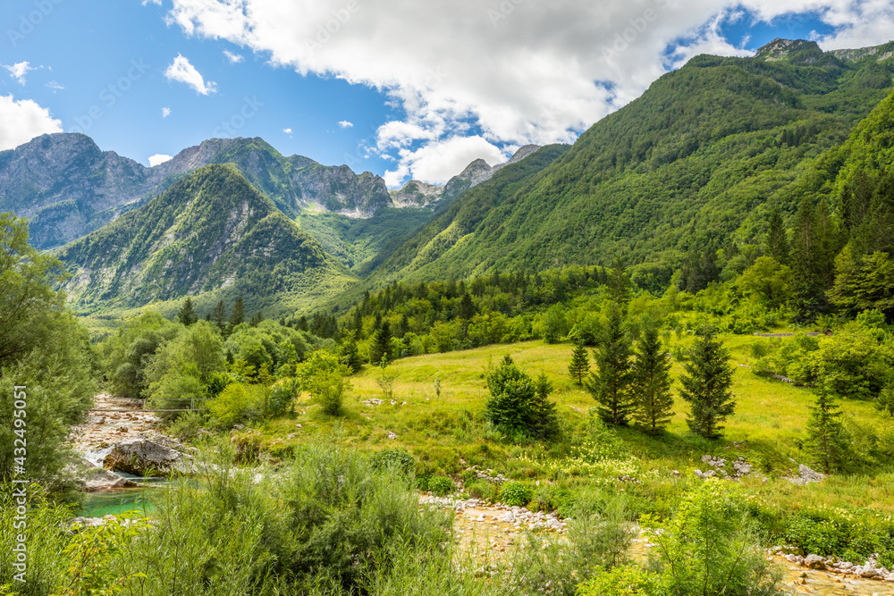 Breathtaking landscape of the Julian Alps, Lepena, Bovec, Slovenia.