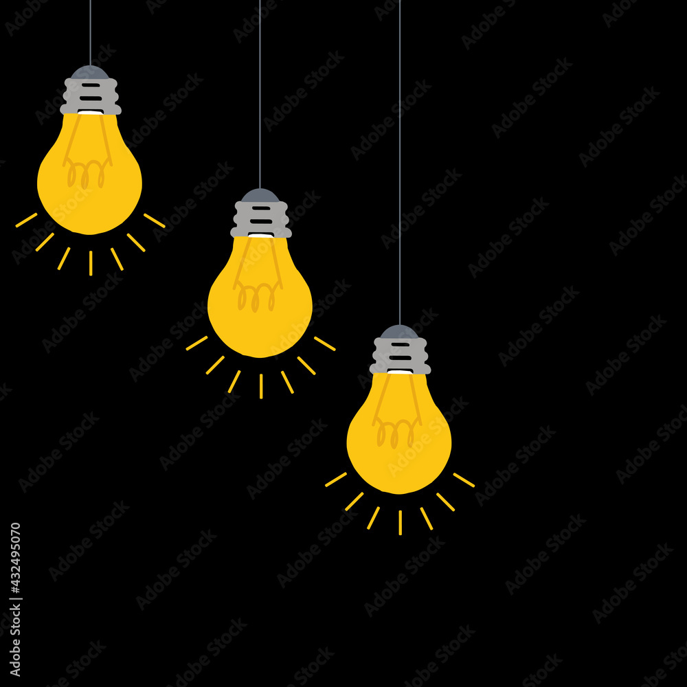 illustration of bulbs hanging, Trendy flat vector light bulb icons with concept of idea on black background. illustration of bulbs hanging, Trendy flat vector light bulb icons with concept of idea on black background.