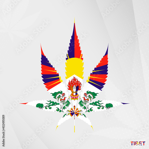 Flag of Tibet in Marijuana leaf shape. The concept of legalization Cannabis in Tibet.