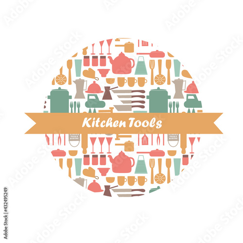 Postcard with a collection of kitchen utensils. Kitchen utensils elements for template, menu, banner, card and other design.
