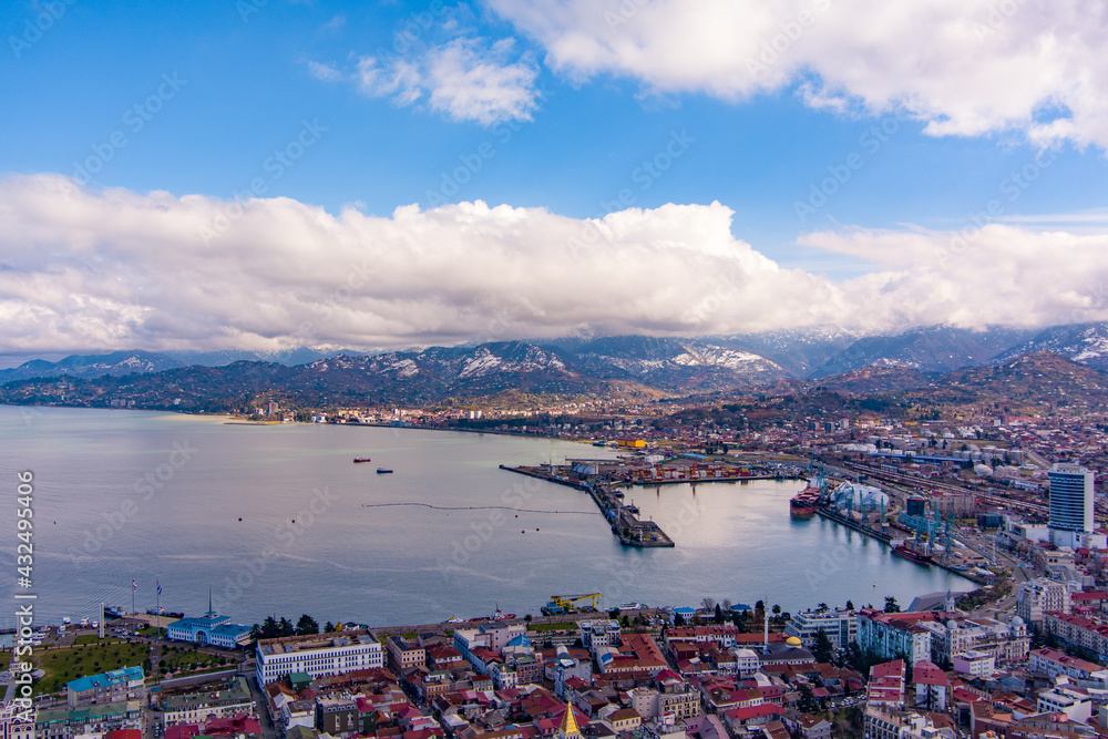 Batumi, Georgia - February 15, 2021: View of the seaport from a drone