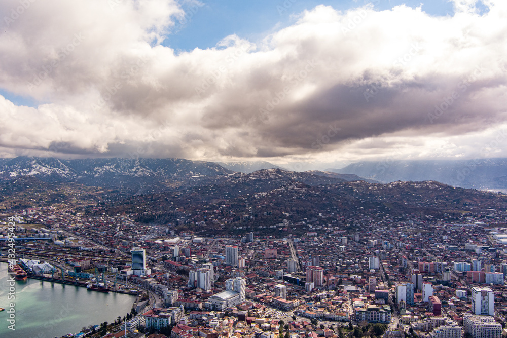 Batumi, Georgia - February 15, 2021: View of the seaport from a drone