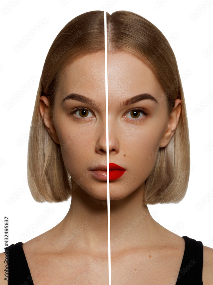 Beautiful young woman before and after makeup applying . Comparison portrait . Two parts of