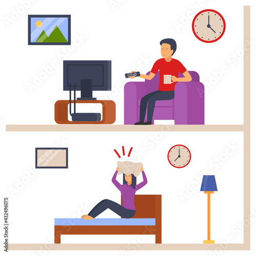 Loud Noise Concept, Neighbor Woman Suffering from loud television sounds Vector Color Icon Design, neighbourhood conflicts Stock illustration, bad neighbour Symbol, Bad Etiquette Sign,