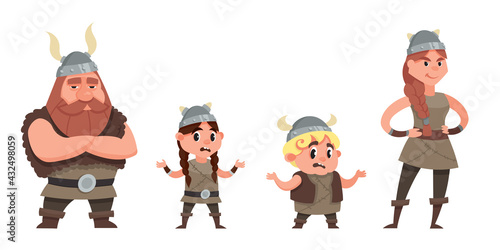 Standing viking family. Characters in cartoon style.