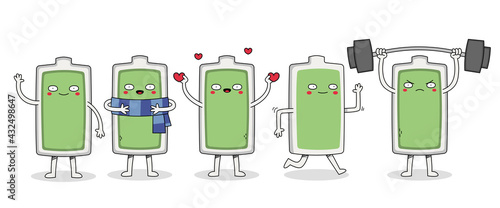 Cute battery icon cartoon character set 1 with waving, wearing scarf, spreading love, running and weight lifting