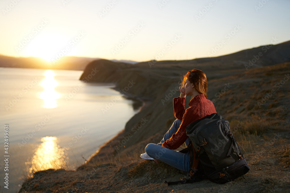 woman tourist vacation travel landscape sunrise freedom