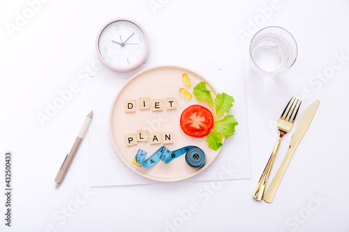 Meal plan. Diet and weight loss concept. View from above. Flat lay