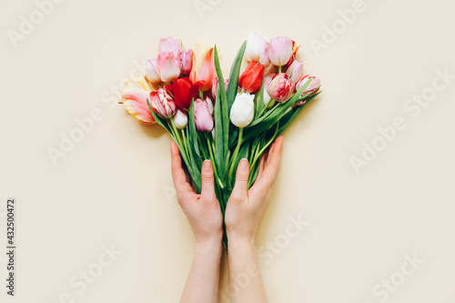 Woman hands with beautiful tulips flowers on beige background, top view