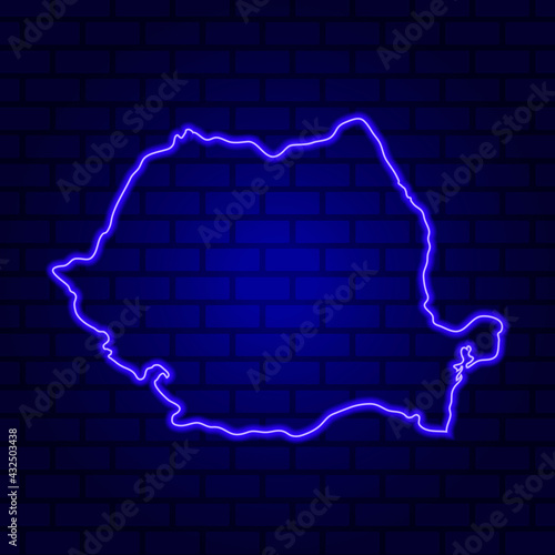 Romania glowing neon sign on brick wall background