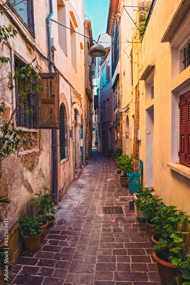 Fototapeta Scenic picturesque streets of Chania venetian town. Chania, Creete, Greece