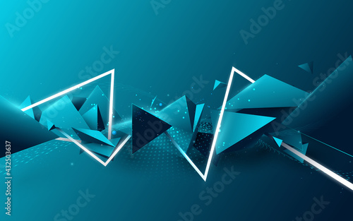 Abstract blue triangle floating diffusion with white laser lines in Futuristic technology digital hi-tech concept. 3d vector illustration