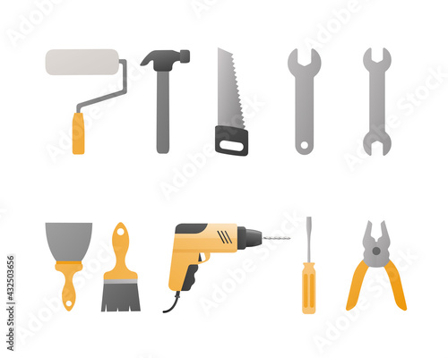 Tools set. Colored flat vector illustration. Isolated on white background.
