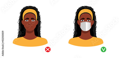 Mask required. Afro american woman wth and without  medical mask isolated on white background Vector illustration.