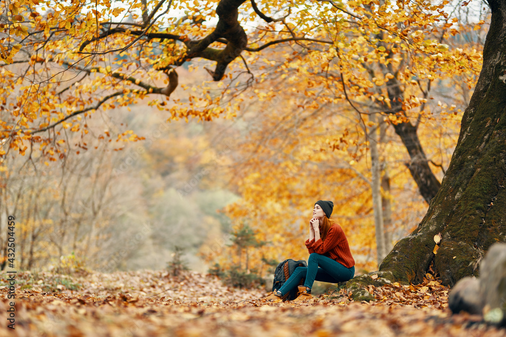 woman in the park landscape falling leaves travel nature autumn model backpack woman in the park landscape falling leaves travel nature autumn model backpack