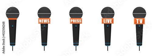 Microphone icons set. Press, news, live and TV microphones. Vector illustration.