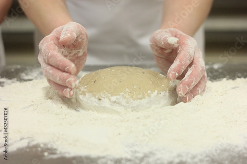 Woman's hands kneading the bread dough. Making dough by female hands on wooden table