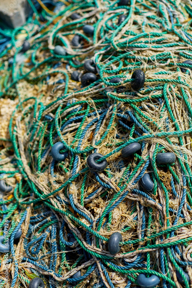 Close-up of fishing nets. Fishing profession. Industrial fishing