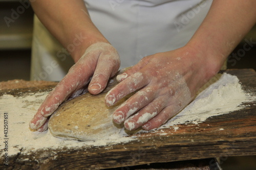 Woman's hands kneading the bread dough. Making dough by female hands on wooden table © Art Johnson