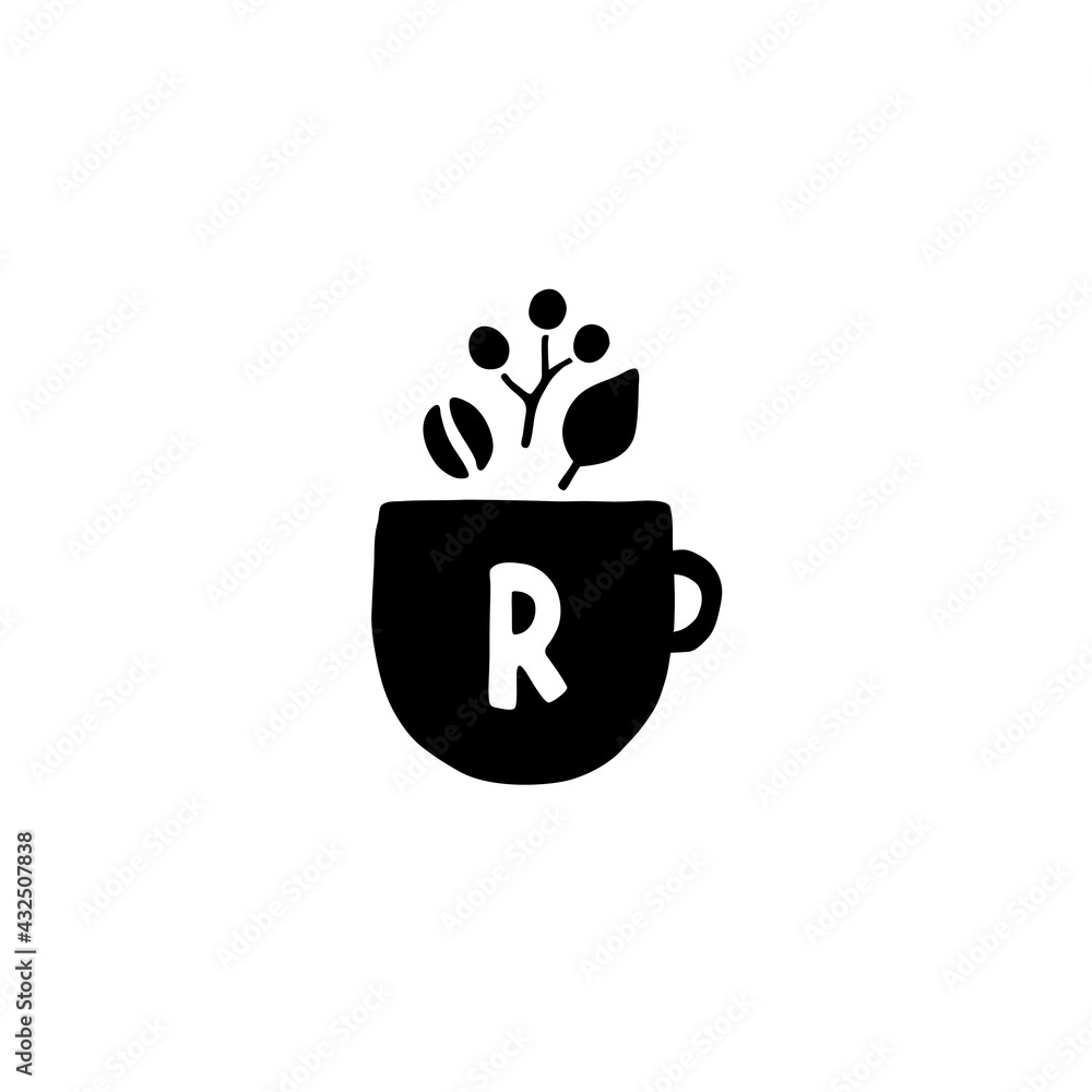 カップとコーヒー豆と葉と木ノ実で自然の中のカフェを表現したロゴマークのためのシルエットイラスト Stock Vector Adobe Stock