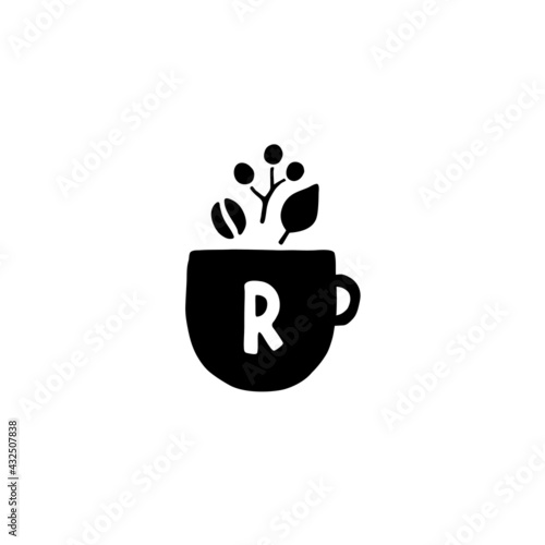 カップとコーヒー豆と葉と木ノ実で自然の中のカフェを表現したロゴマークのためのシルエットイラスト