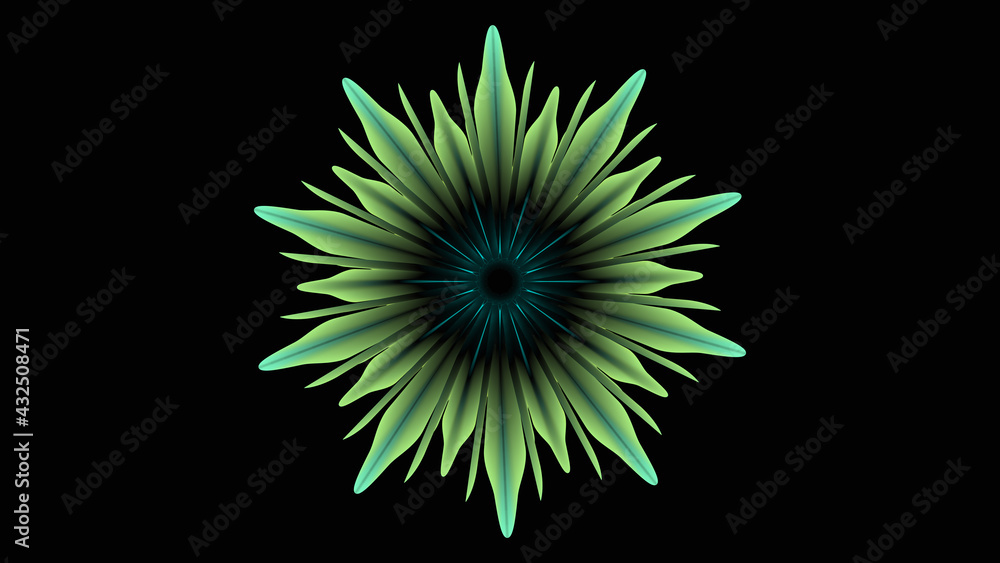 Green blue neon flower for abstract art on dark background. Glow bloom. Green blue neon flower for abstract art on dark background. Glow bloom.