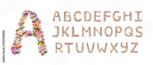 English alphabet letters for wedding invitation, greeting card, poster, logo. Holiday design, made from beautiful spring and summer flowers.