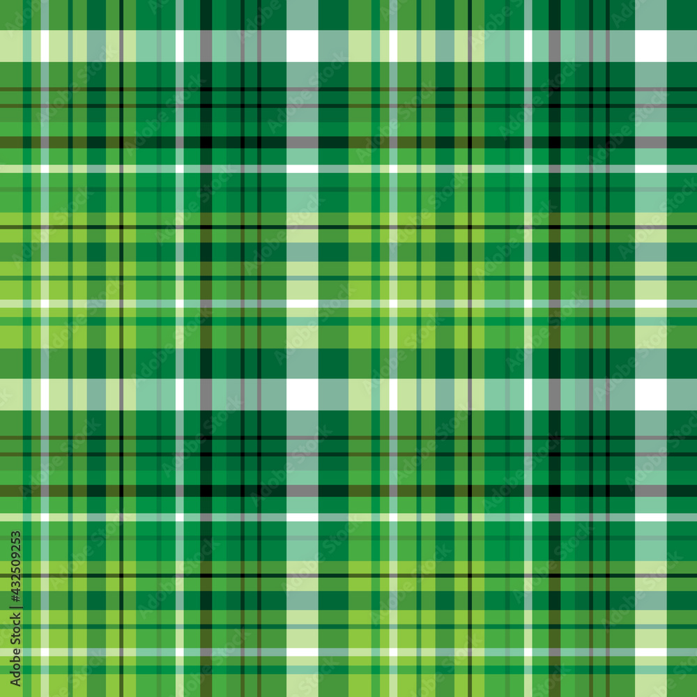 Seamless pattern in great green, white and black colors for plaid, fabric, textile, clothes, tablecloth and other things. Vector image.