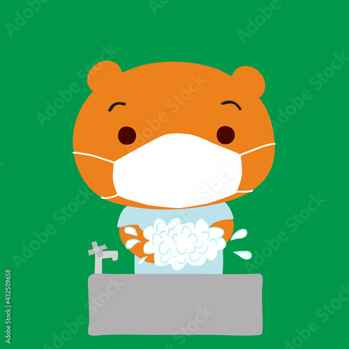 マスクをして手を洗うこぐま
A little bear washing hands, wearing a white surgical mask