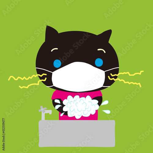 マスクをして手を洗う黒猫
A little black cat washing hands, wearing a white surgical mask