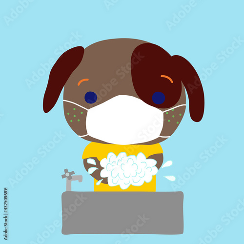 マスクをして手を洗う子犬
A little dog washing hands, wearing a white surgical mask
