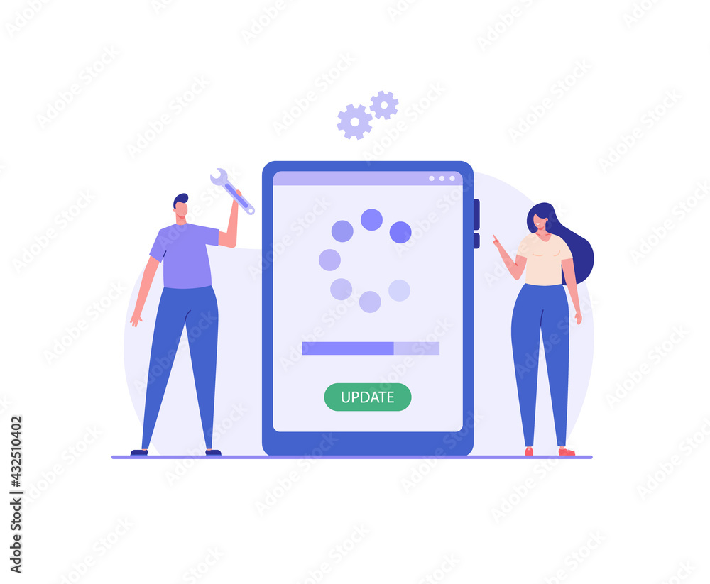 User updating operation system with progress bar. Software upgrade and installation program. Concept of system update, integration, software installation. Vector illustration for UI, mobile app User updating operation system with progress bar. Software upgrade and installation program. Concept of system update, integration, software installation. Vector illustration for UI, mobile app