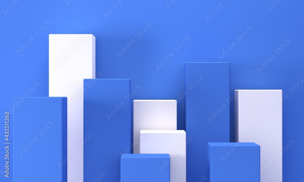 Abstract blue background with white rectangles podiums for cosmetics. Backdrop design for product promotion. 3d rendering Abstract blue background with white rectangles podiums for cosmetics. Backdrop design for product promotion. 3d rendering