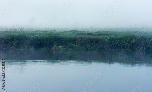 foggy river shore
