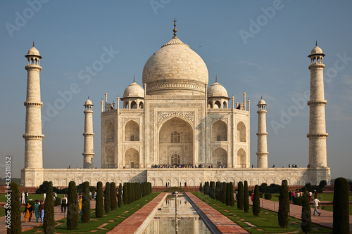 Classic postcard view of the Taj Mahal in Agra/India. Day. Normal perspective. Blue Sky. Marvel. Love carved in marble.