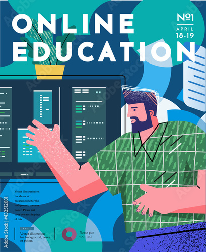 Online education. Vector abstract illustration of a man at a computer monitor studying a program for business or programming.