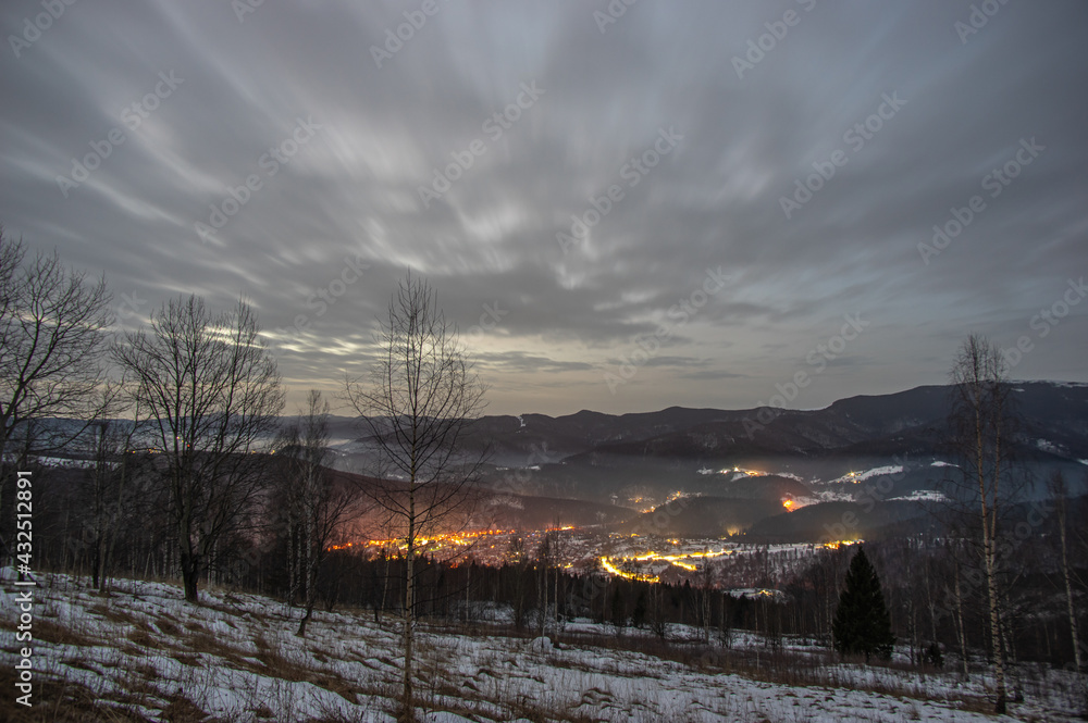 Night town in the Carpathian Mountains in winter